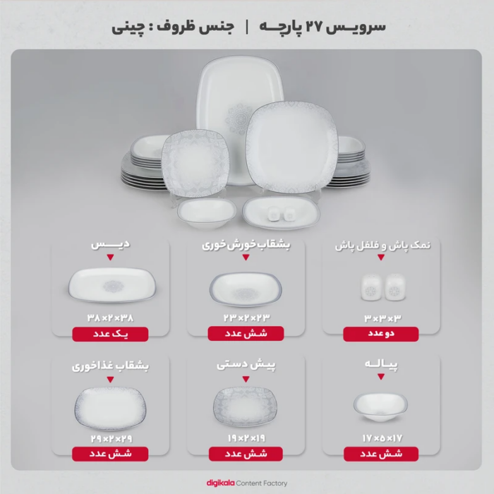سرویس غذاخوری 27 پارچه چینی زرین ایران مدل کواترو ادلین - Image 5