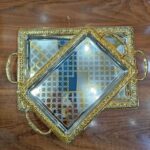 سینی تمام استیل وارداتی مستطیل فریم طلایی دسته رز - Image 2