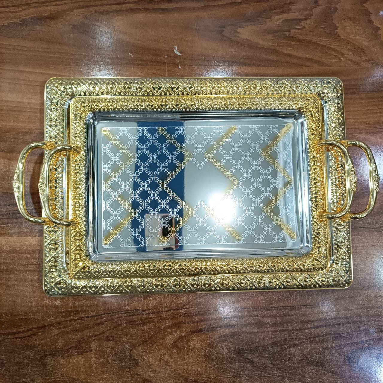 photo_5_2025-09-10_00-45-20 سینی تمام استیل وارداتی مستطیل فریم طلایی دسته رز - Image 1